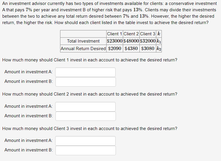 Solved An investment advisor currently has two types of
