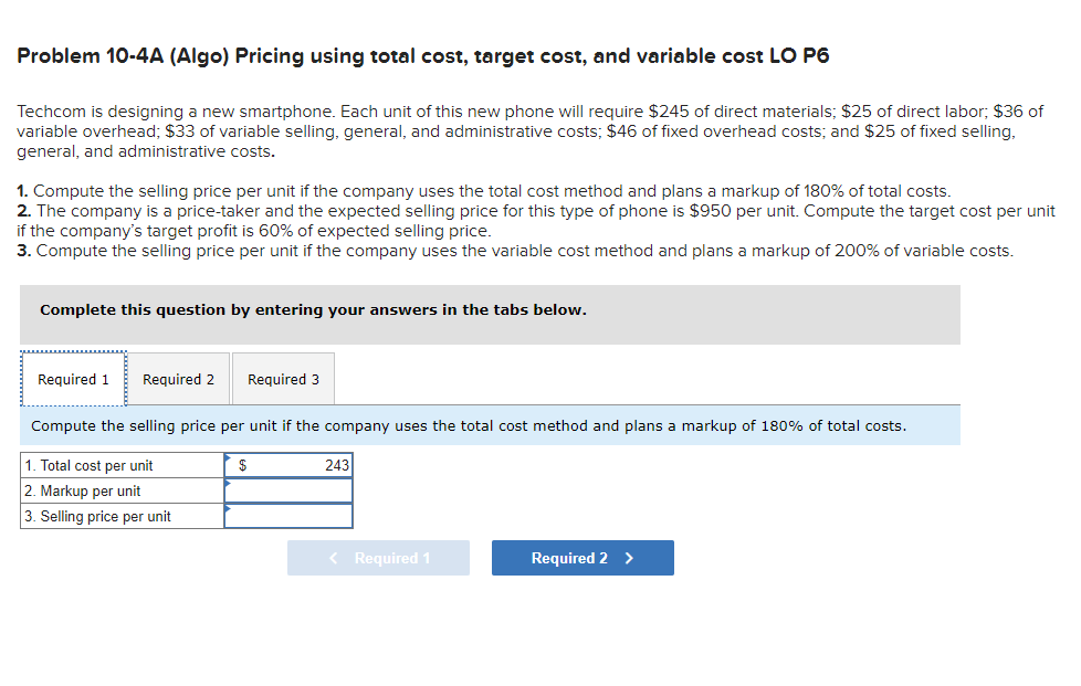 Solved Problem 104A (Algo) Pricing using total cost, target
