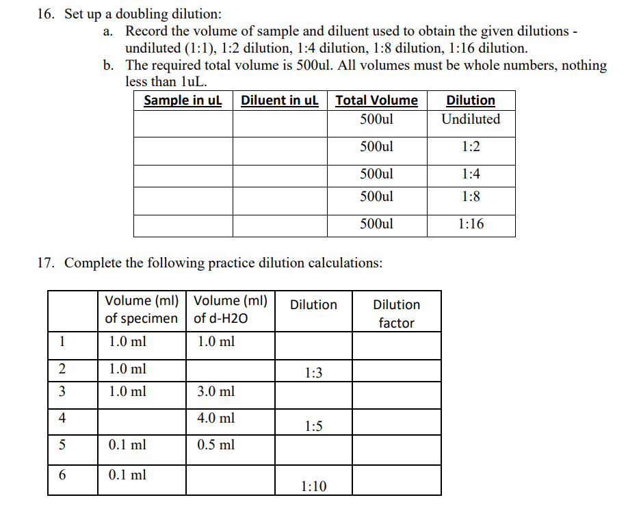 Solved 16. Set up a doubling dilution a. Record the volume