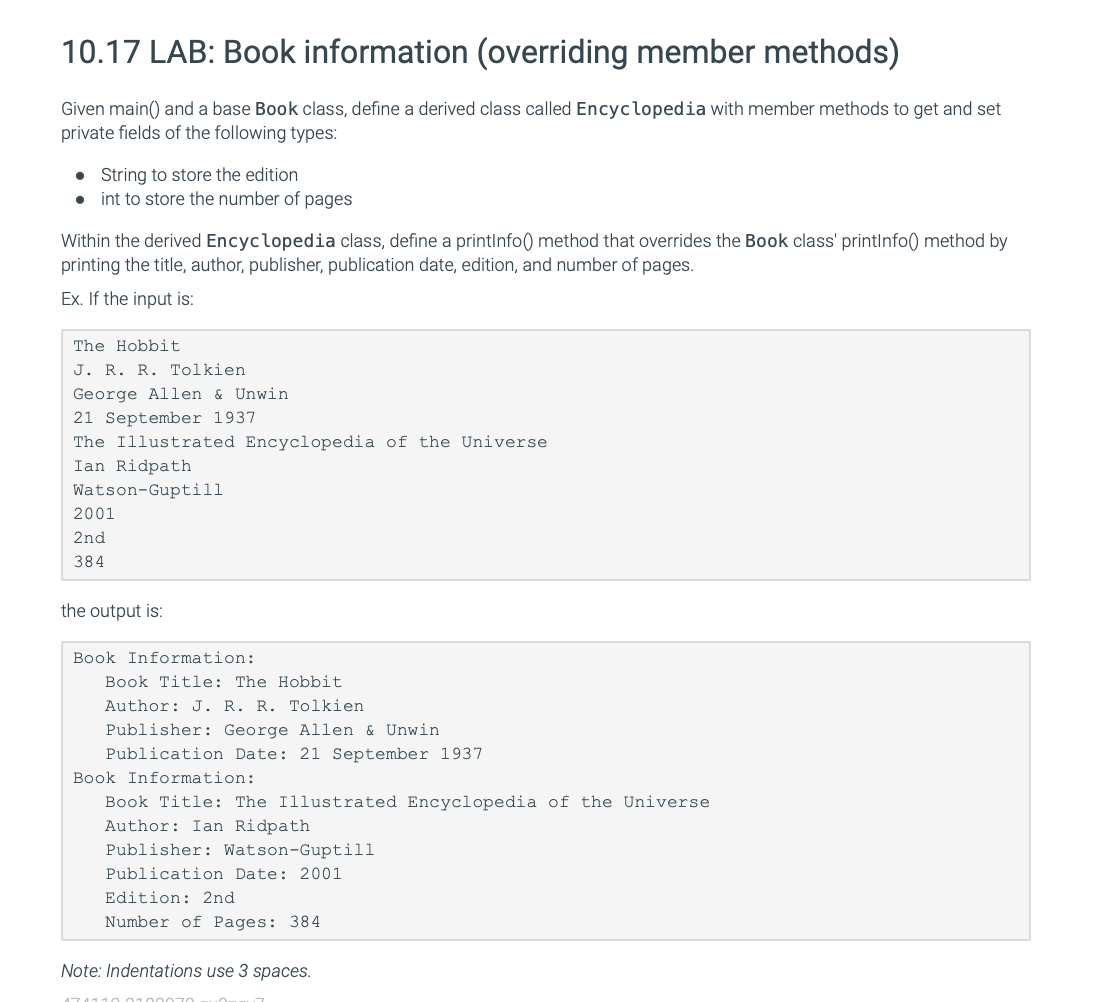 Solved 10.17 LAB Book information (overriding member