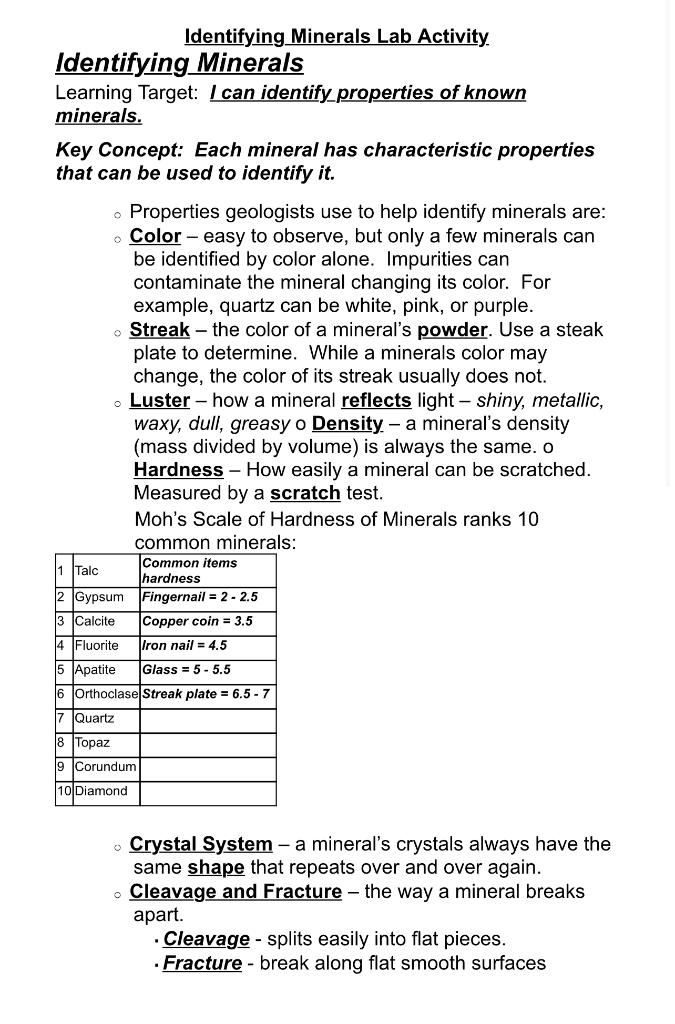 Solved Identifying Minerals Lab Activity Identifying