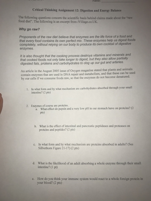 Solved Critical Thinking Assignment 12 Digestion And Ene...