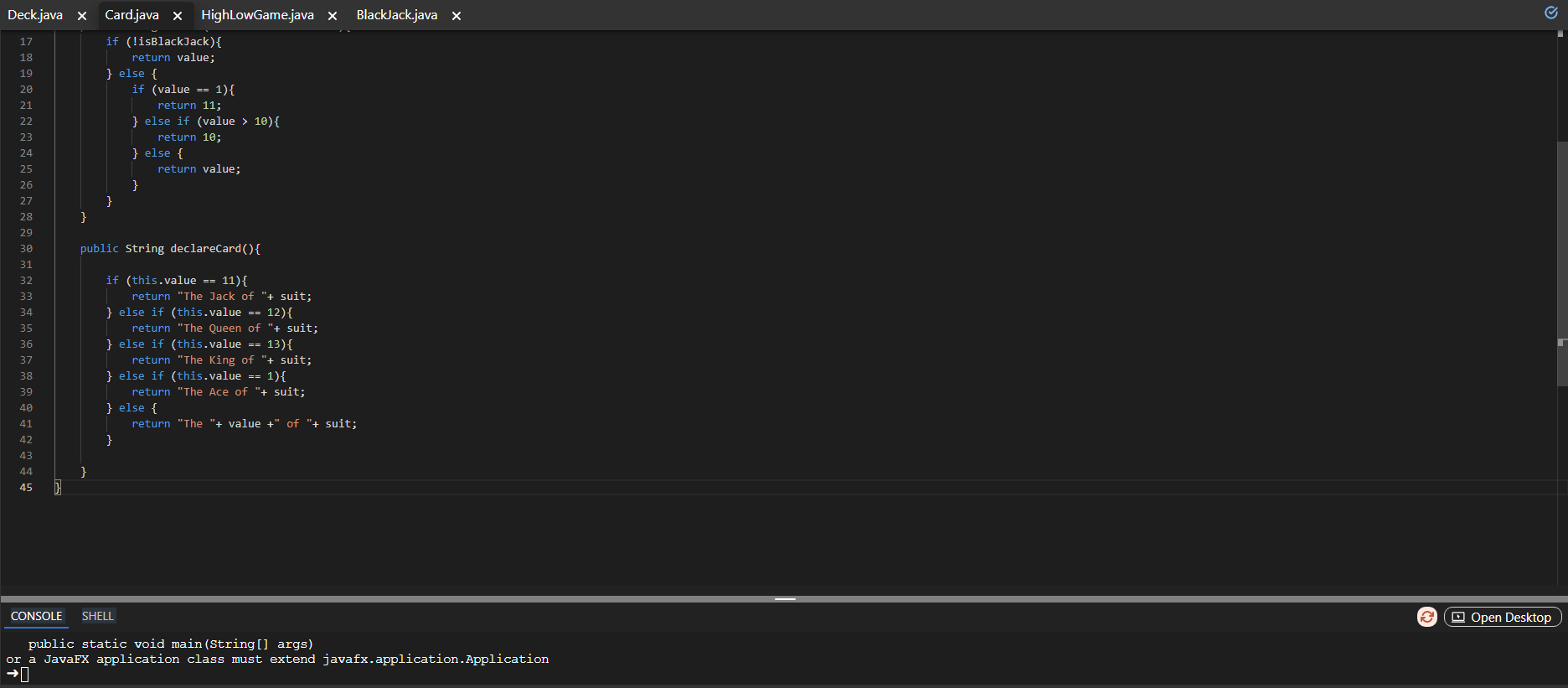 Deck.java × Card.java × HighLowGame.java ×