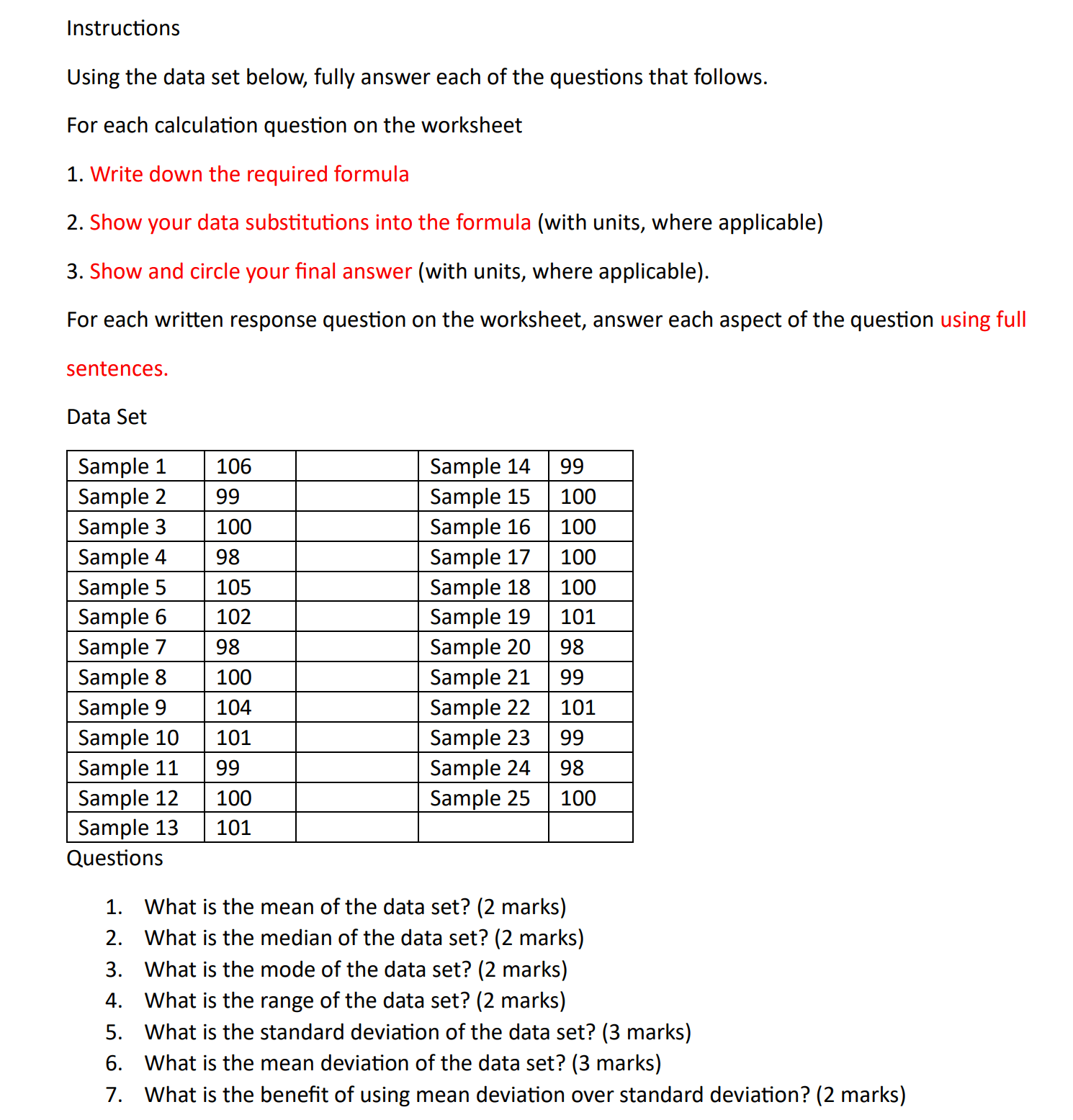 Solved Instructions Using the data set below, fully answer | Chegg.com