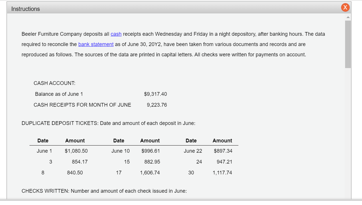 Instructions Beeler Furniture Company deposits all