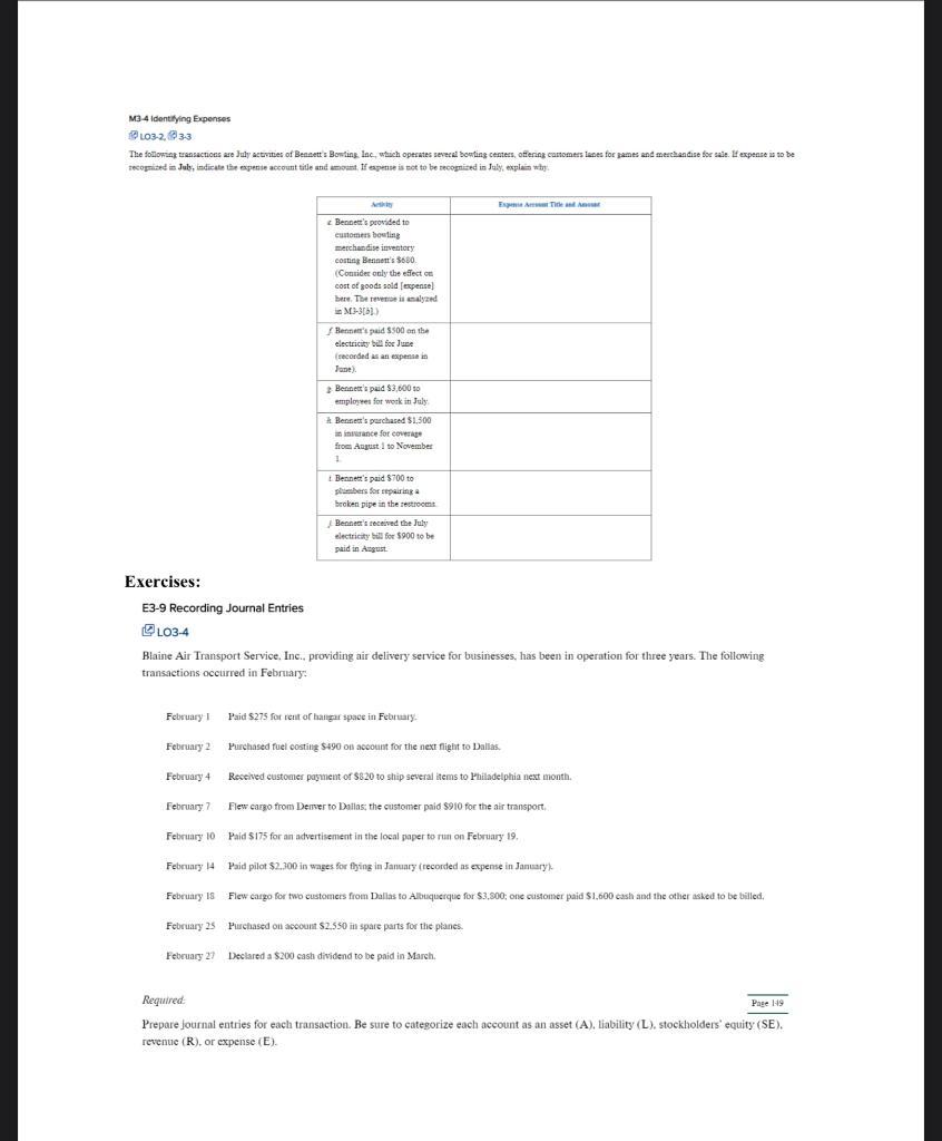 Solved M3-4 Identifying Expenses L03 2.33 The following | Chegg.com