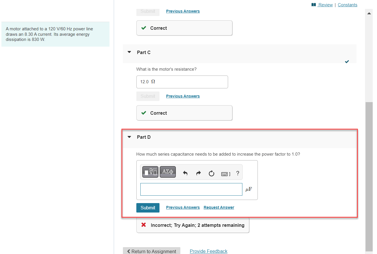 Solved A motor attached to a 120 V/60 Hz power line draws an