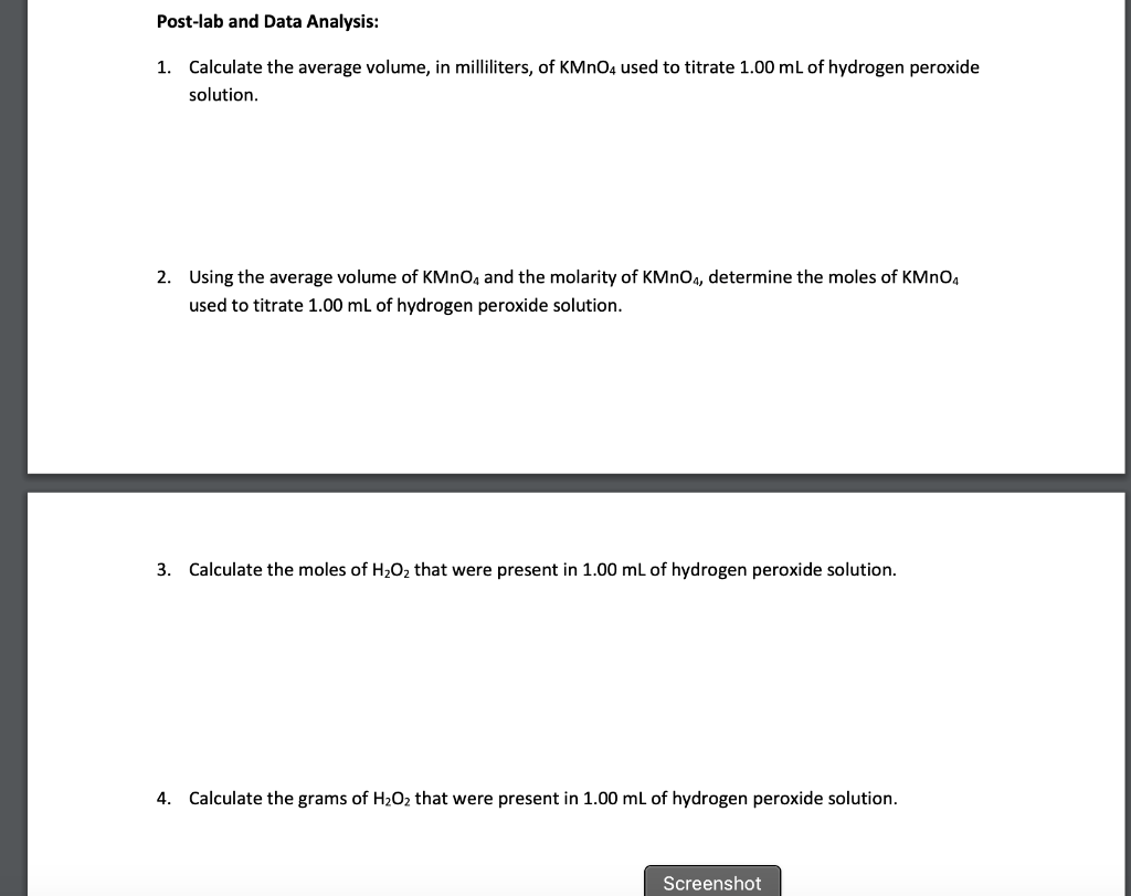 Solved Data Table 1 Titration of 1.00 mL H2O2 with KMnO4
