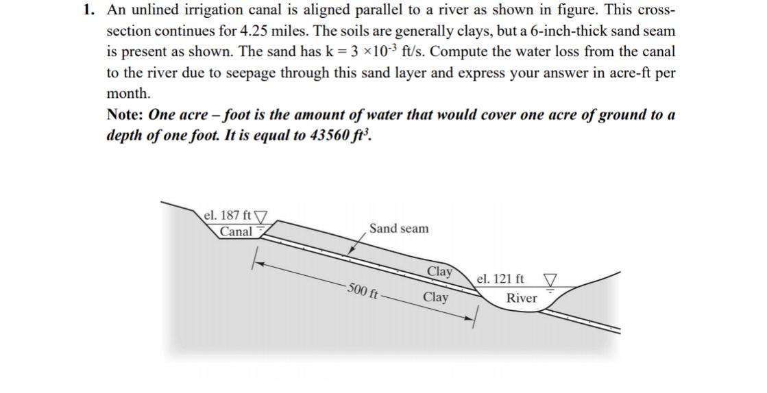 Solved 1. An unlined irrigation canal is aligned parallel to