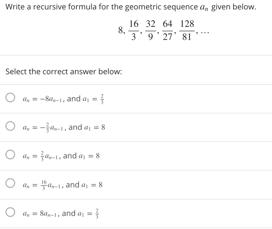 Solved Write a recursive formula for the geometric sequence | Chegg.com
