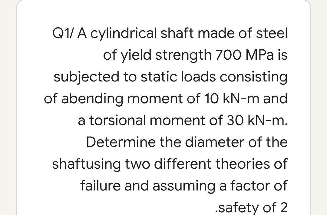 Solved Q1/ A cylindrical shaft made of steel of yield