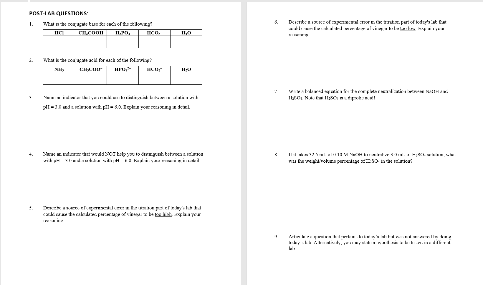 Solved POSTLAB QUESTIONS 6. 1. What is the conjugate base