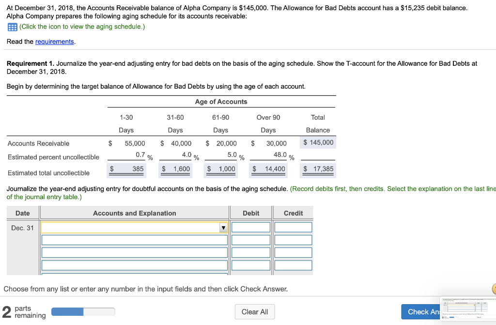 Solved At December 31, 2018, The Accounts Receivable Bala...