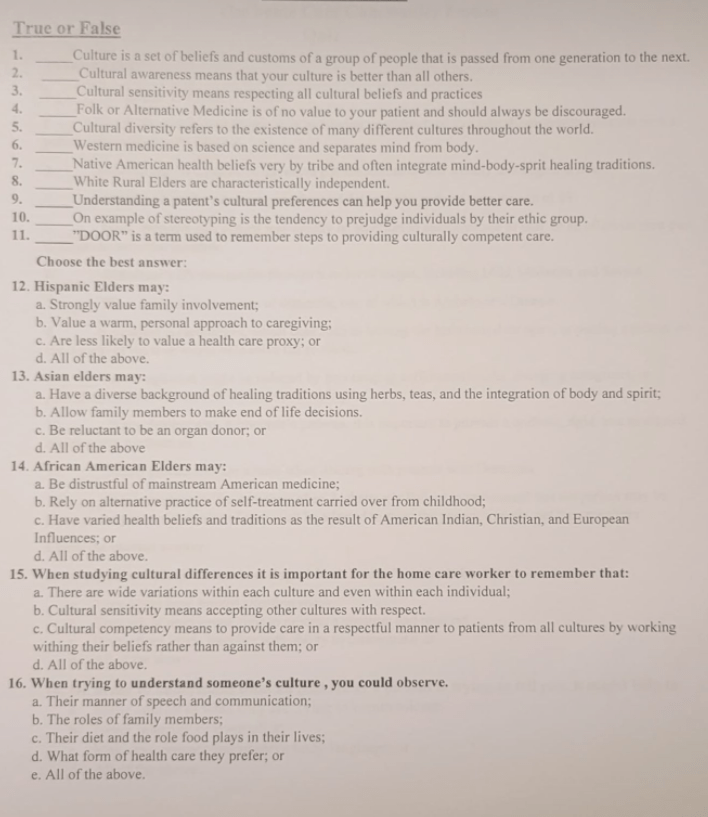 Solved 4. True or False 1. Culture is a set of beliefs and