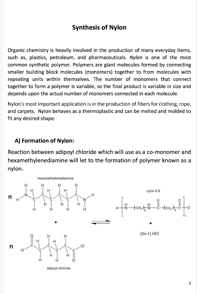 Solved Synthesis of Nylon Organic chemistry is heavily
