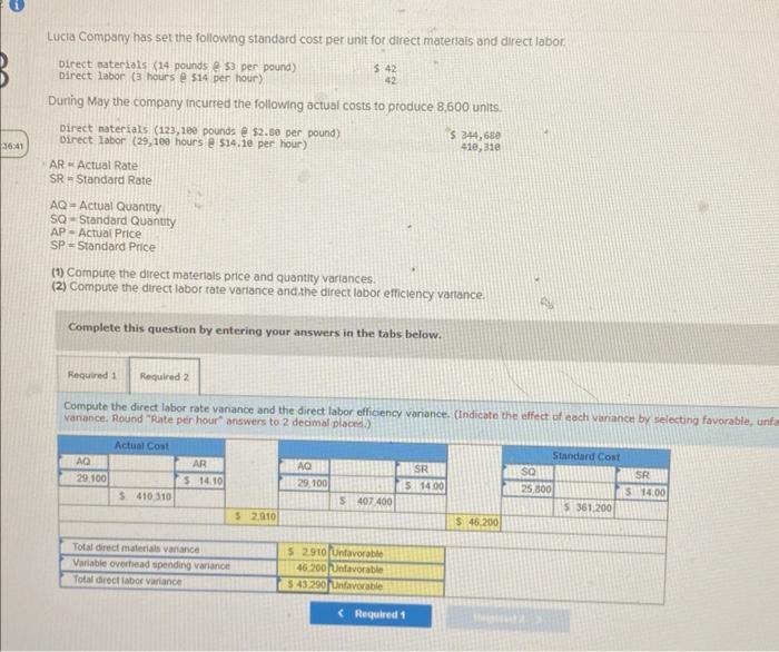 Solved Lucia Company has set the following standard cost per