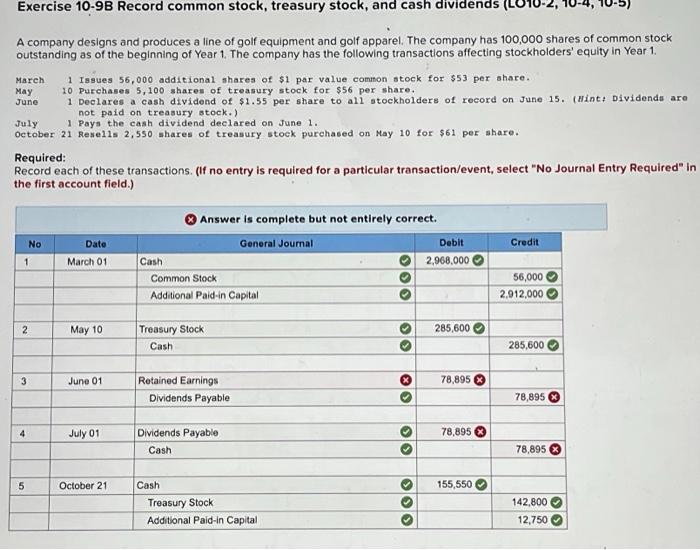 Solved Exercise 109B Record common stock, treasury stock,