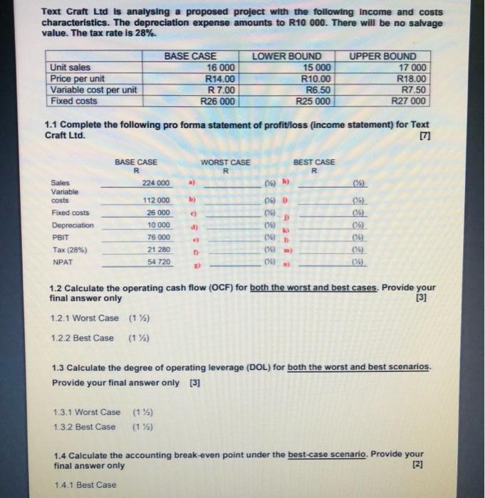 Solved Text Craft Ltd is analysing a proposed project with
