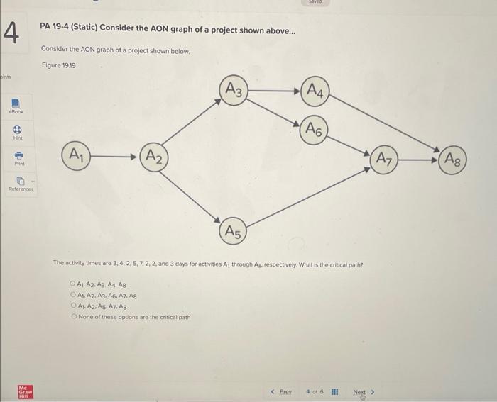 Solved PA 19-4 (Static) Consider the AON graph of a project | Chegg.com