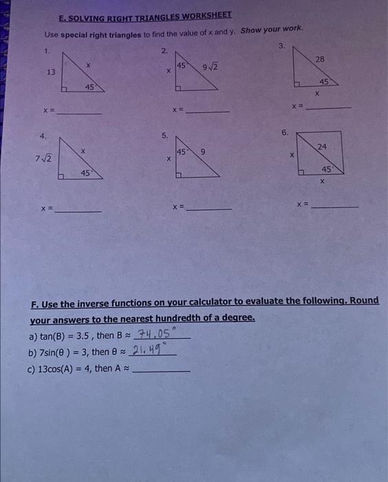 Solved E. SOLVING RIGHT TRIANGLES WORKSHEET Use special