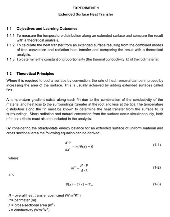 Solved EXPERIMENT 1 Extended Surface Heat Transfer 1.1