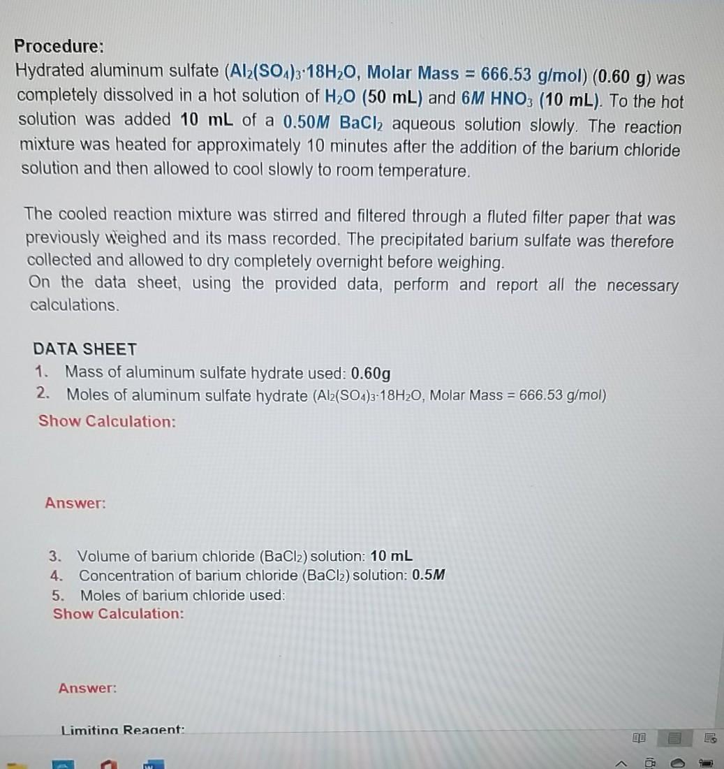 Solved Procedure Hydrated aluminum sulfate