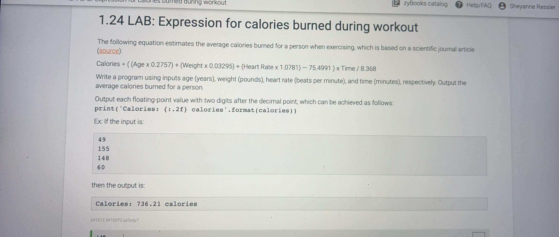 Solved 1.24 ﻿LAB Expression for calories burned during