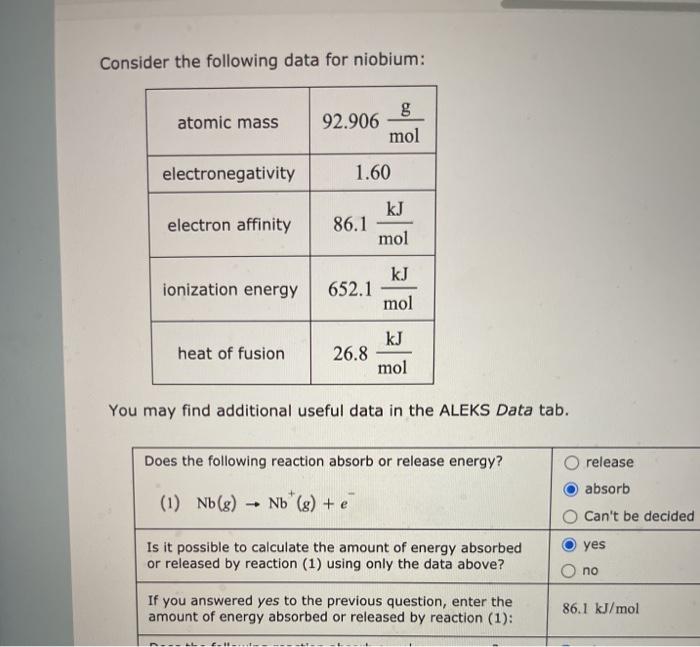 Solved Consider The Following Data For Niobium Atomic Ma...