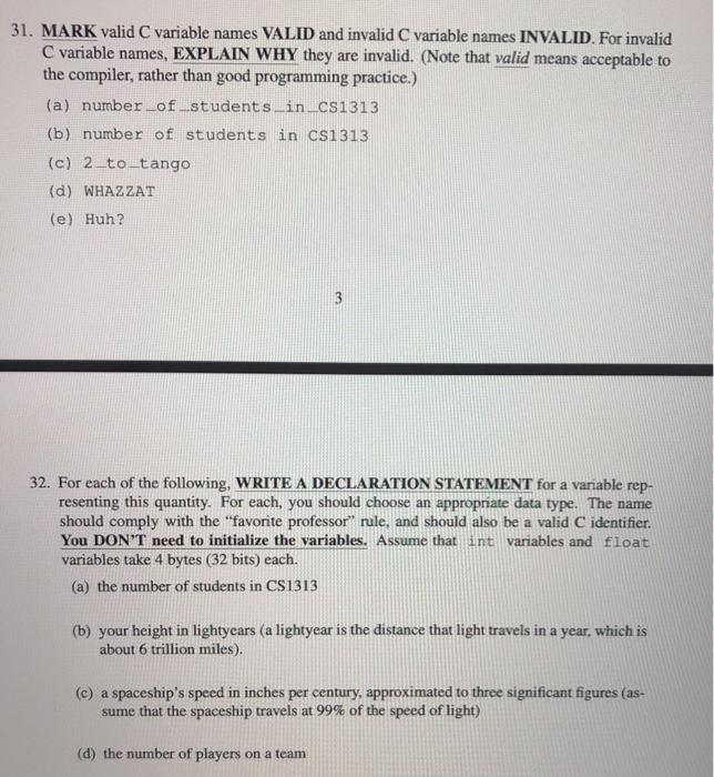 Solved 31. MARK valid C variable names VALID and invalid C