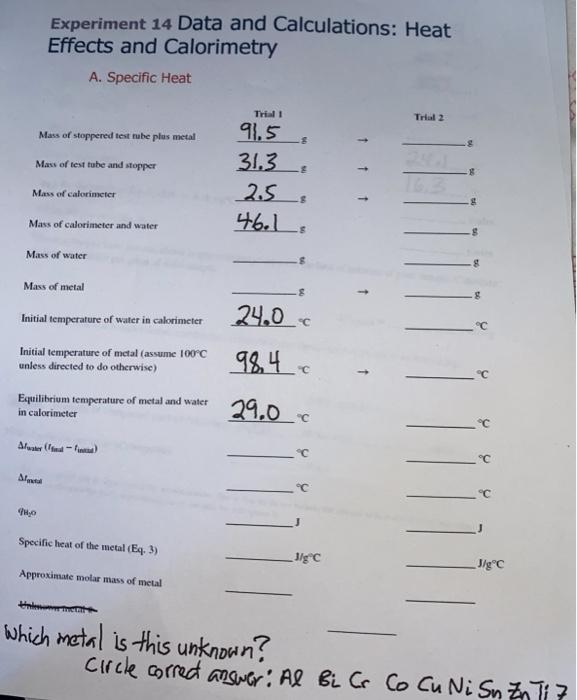 Experiment 14 Data and Calculations Heat Effects and