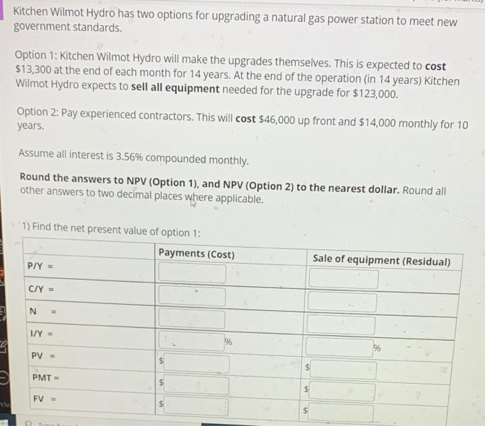 Solved Kitchen Wilmot Hydro has two options for upgrading a