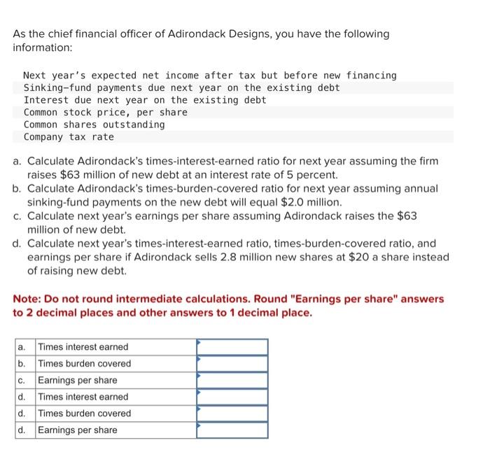 As the chief financial officer of Adirondack Designs,