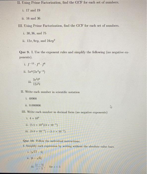 Solved II. Using Prime Factorization, find the GCF for each