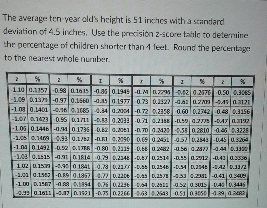 Solved The average ten-year old's height is 51 inches with a | Chegg.com
