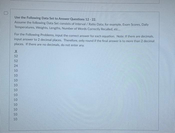 Solved Use the Following Data Set to Answer Questions 12 - | Chegg.com