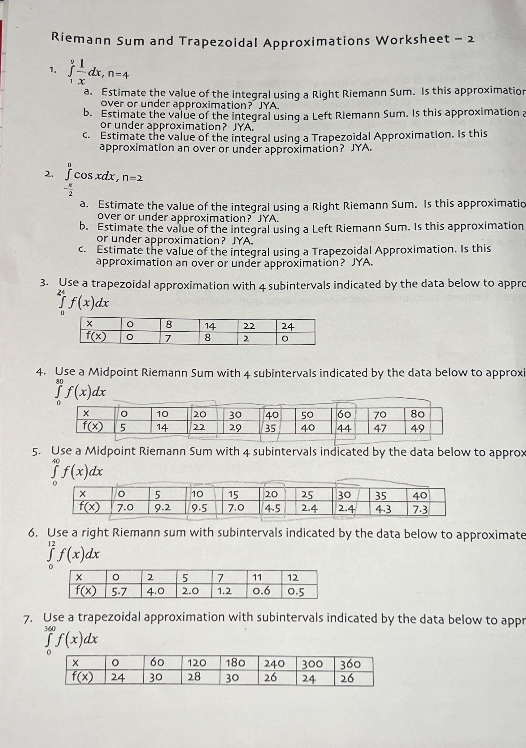 Solved Riemann Sum and Trapezoidal Approximations Worksheet