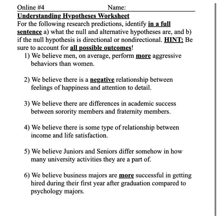 Solved Understanding Hypotheses Worksheet For the following | Chegg.com