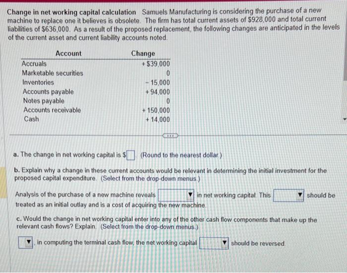 Solved Change in net working capital calculation Samuels