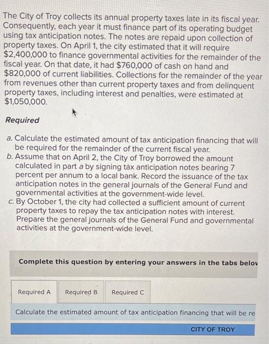 Solved The City of Troy collects its annual property taxes
