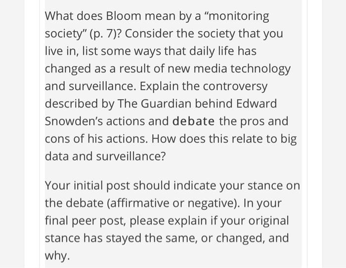 What does Bloom mean by a "monitoring society" (p.