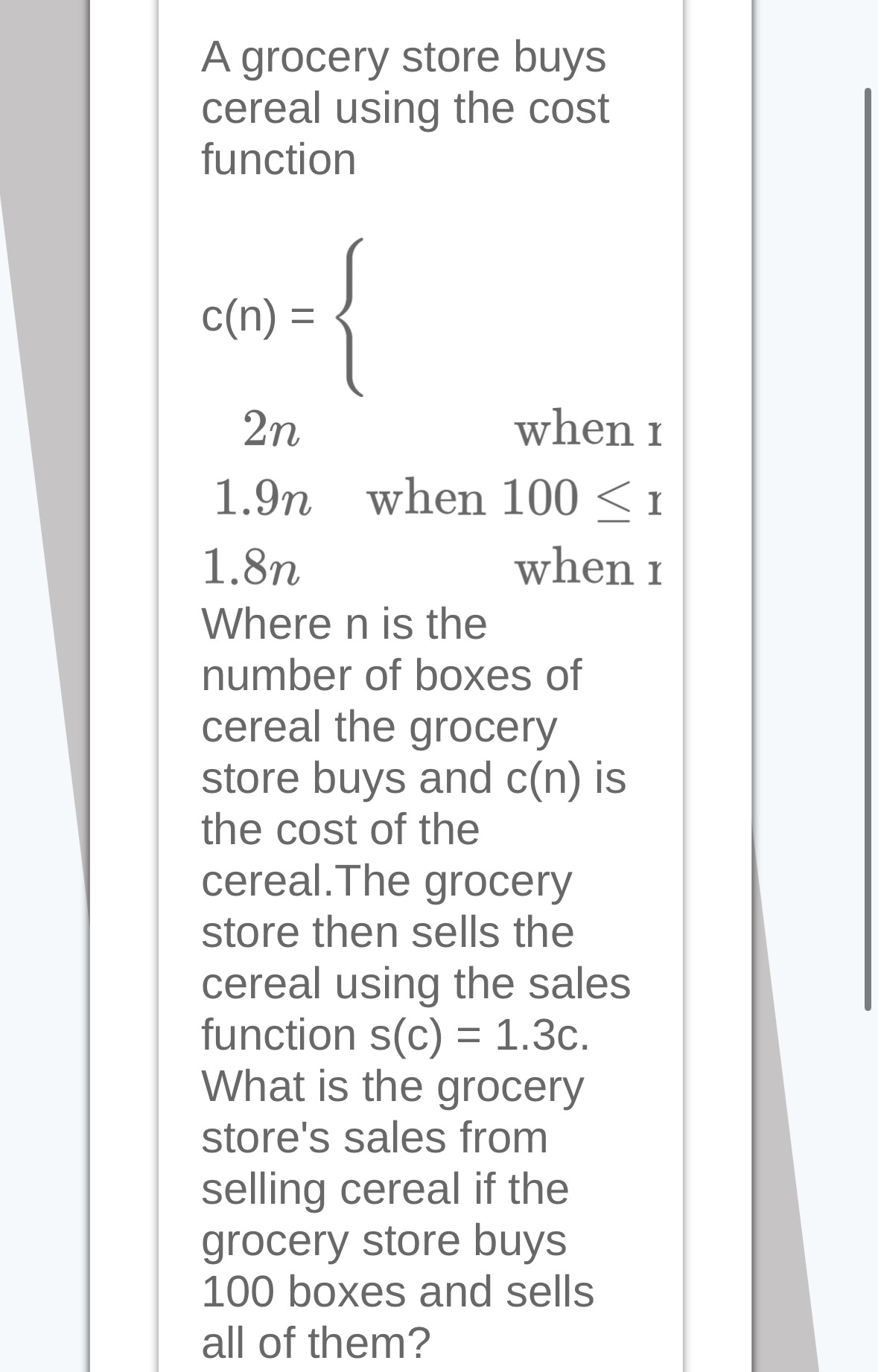 Solved A grocery store buys cereal using the cost