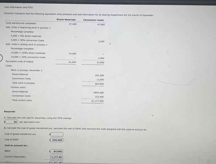 Cost informatien and FIFO Gunnison Company had the