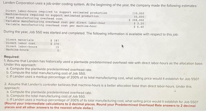 Solved 15 5 Landen Corporation Uses A Job-Order Costing | Chegg.com
