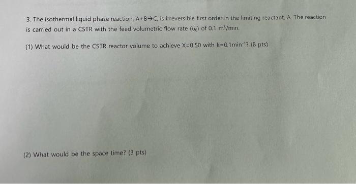 Solved 3. The isothermal liquid phase reaction, A+B→C, is | Chegg.com