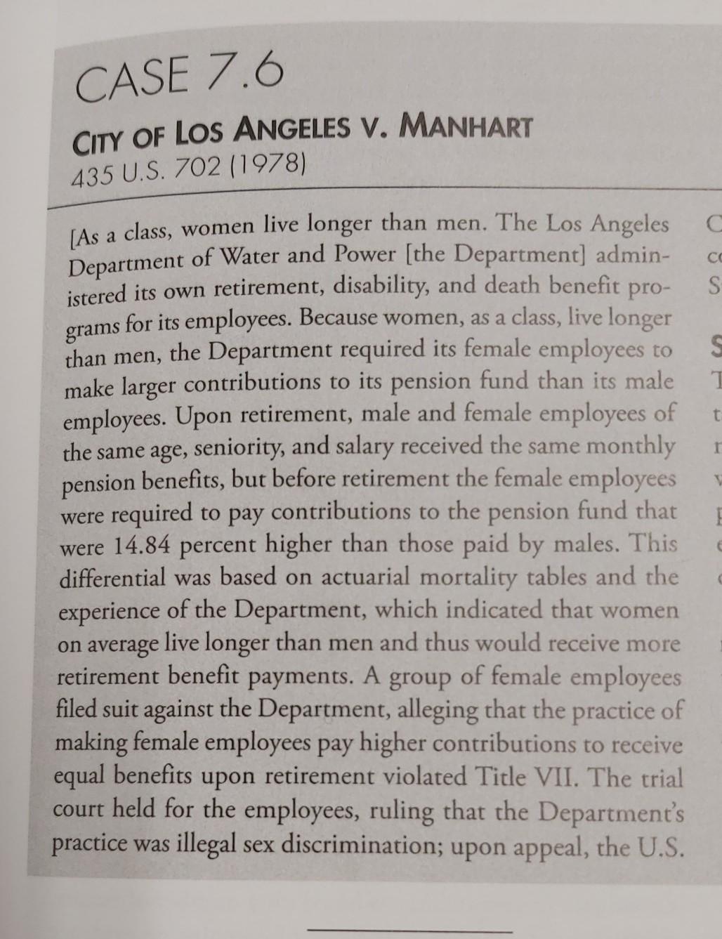 CASE 7.6 CITY OF Los ANGELES V. MANHART 435 U.S. 702