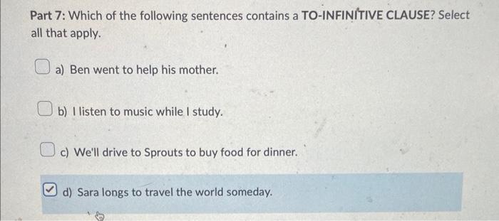 Part 7: Which Of The Following Sentences Contains A | Chegg.com