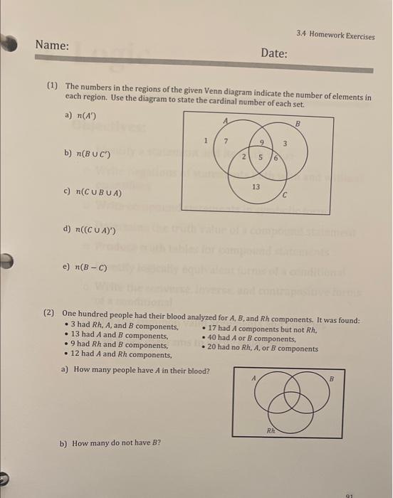 Solved (1) The numbers in the regions of the given Venn | Chegg.com