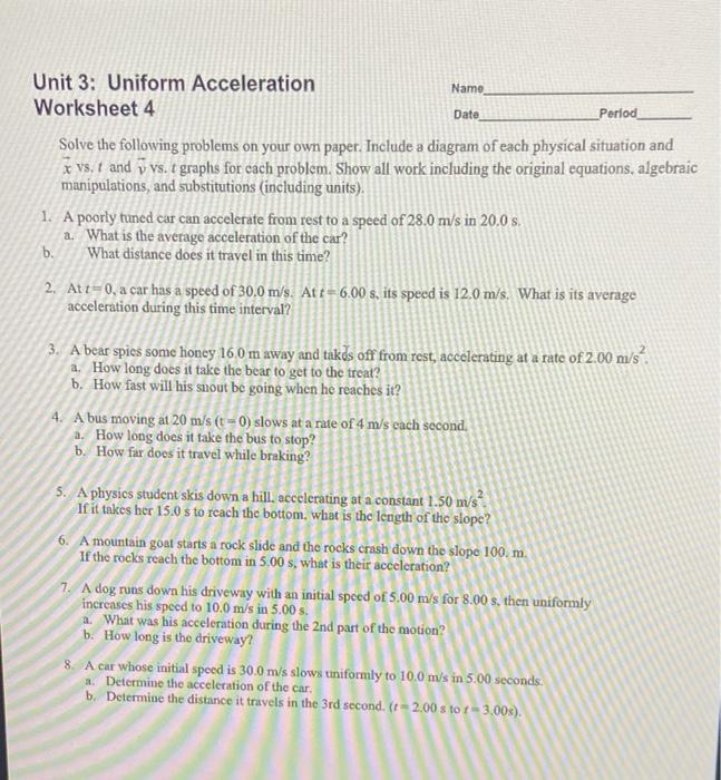 Solved Unit 3 Uniform Acceleration Worksheet 4 Namo Date