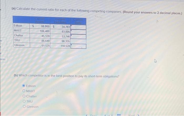 (6) Calculate the current ratio for each of the