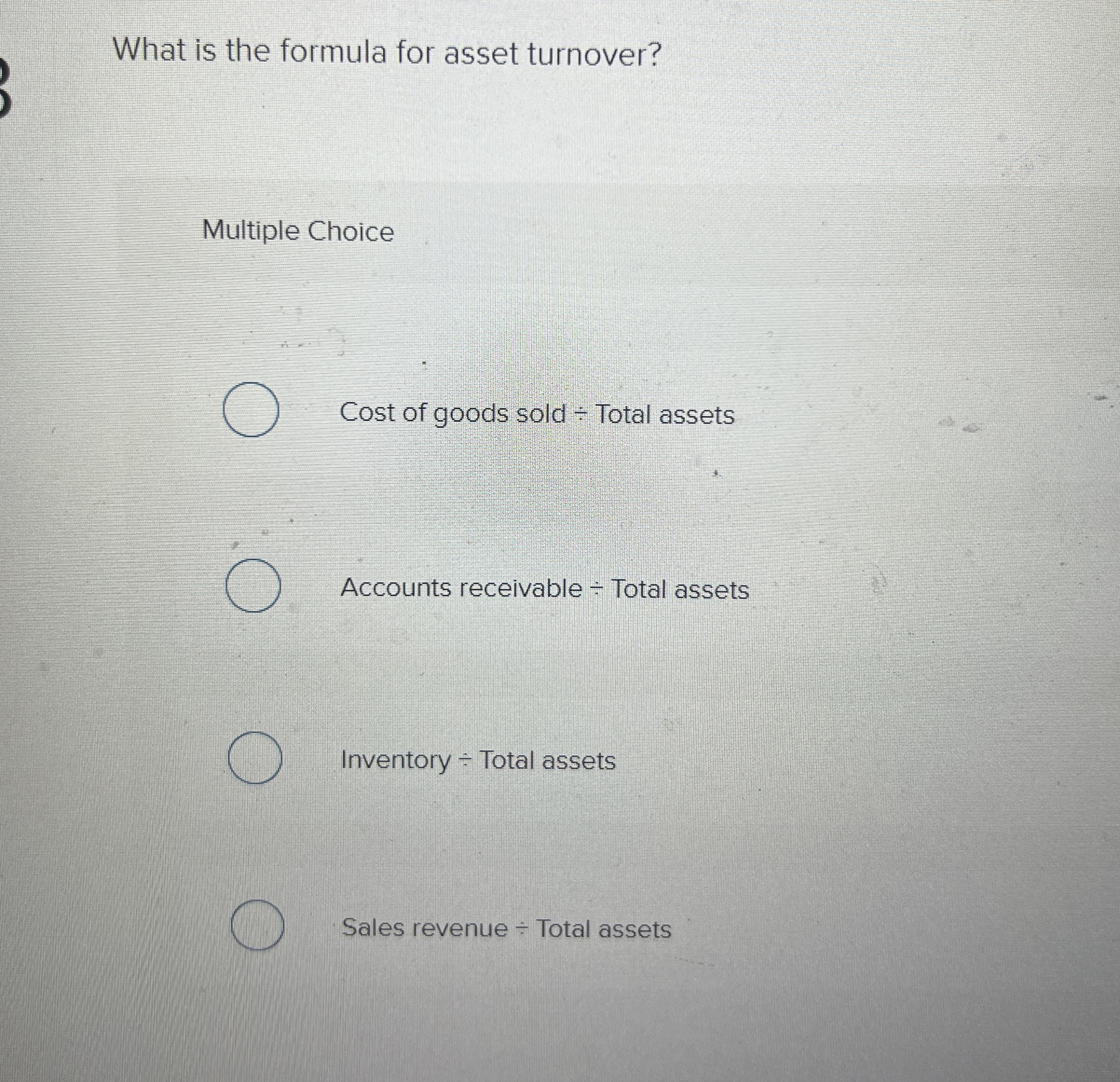 Solved What is the formula for asset turnover?Multiple